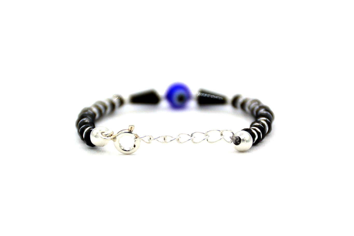 925 Sterling Silver Baby Bracelet with Black Beads, Silver Rings, Triangular Black Beads Around Evil Eye