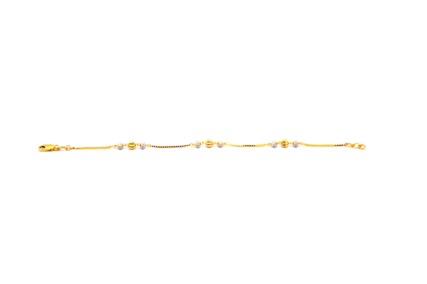22K Gold Bracelet in Box Chain with 3 Yellow and White Gold Plated Diamond Cut Beads Set 1" Apart
