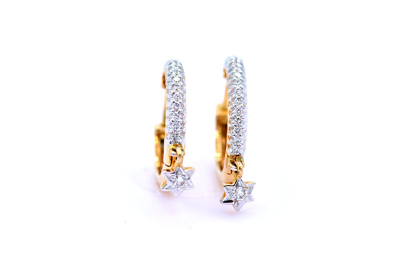 0.12ct Round Diamond Hoop Earrings With Star Dangling Set in 18K Yellow Gold