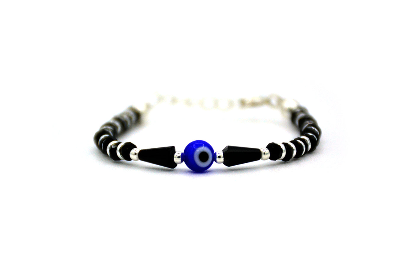 925 Sterling Silver Baby Bracelet with Black Beads, Silver Rings, Triangular Black Beads Around Evil Eye