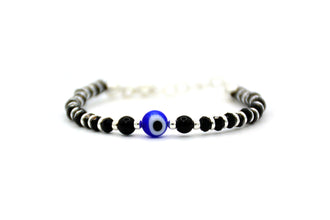 925 Sterling Silver Baby Bracelet with Black Beads, Silver Rings, Round Black Beads Around Evil Eye