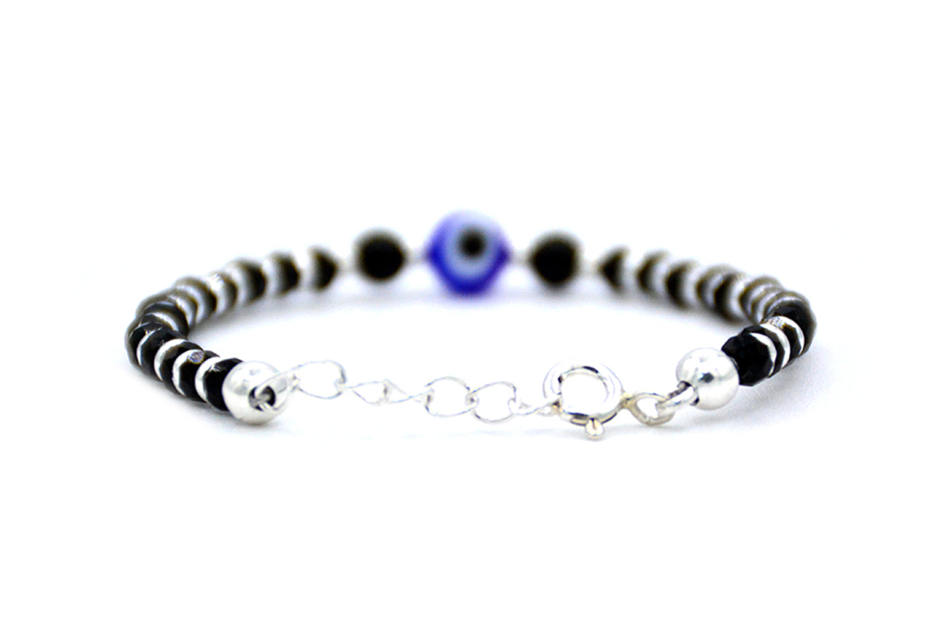 925 Sterling Silver Baby Bracelet with Black Beads, Silver Rings, Round Black Beads Around Evil Eye