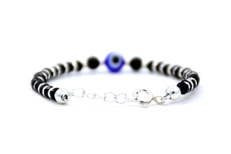 925 Sterling Silver Baby Bracelet with Black Beads, Silver Rings, Round Black Beads Around Evil Eye