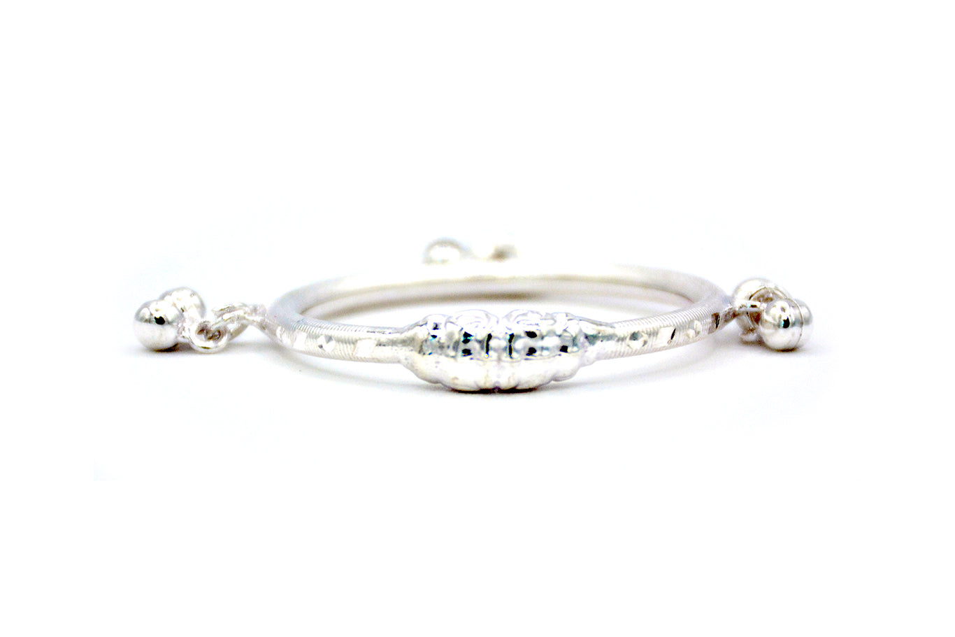 925 Sterling Silver Baby Bangle with Elephant Faces, Diamond Cut all Around and Ghungroo