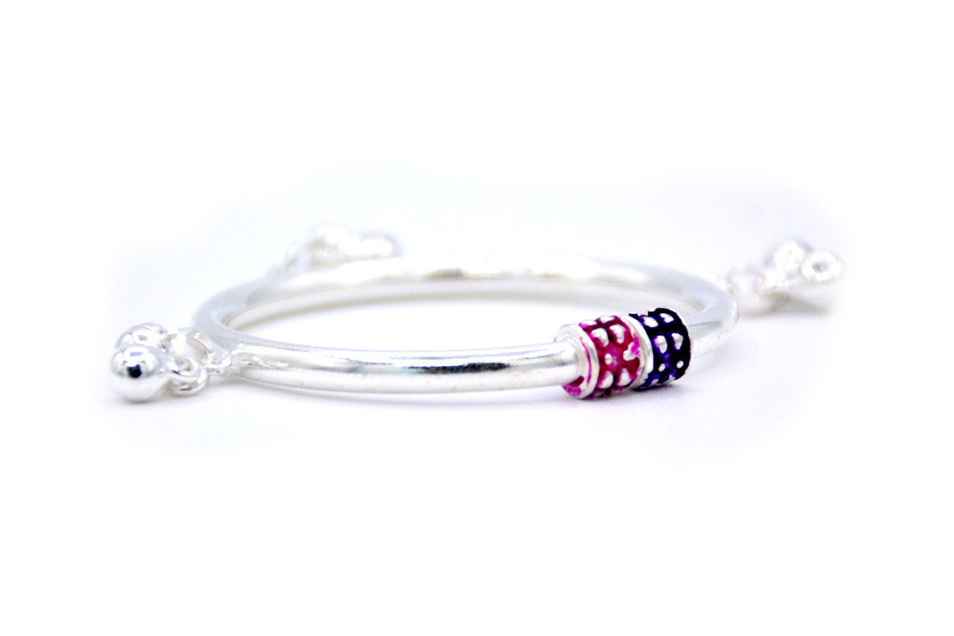 925 Sterling Silver Plain Baby Bangle with Ghungroo and Cylindrical Pink and Purple Beads