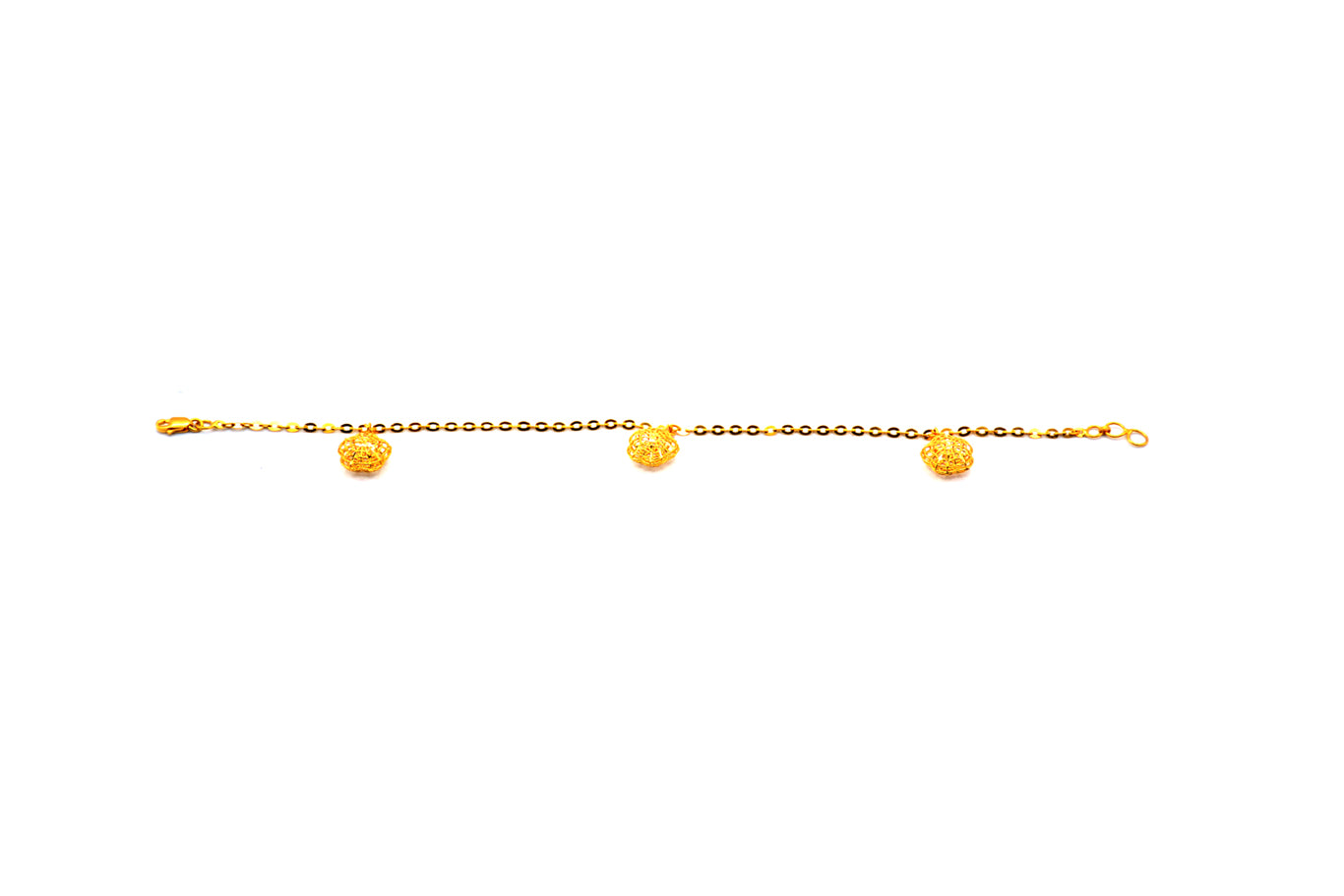 22K Gold Bracelet in Cable Chain with 3 3D Floral Charms