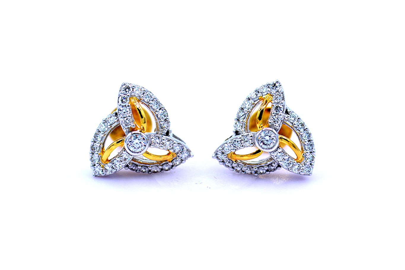 3 Petal Floral Stud Earring in Two Tone Design with 0.5ct Diamonds in 14K Gold